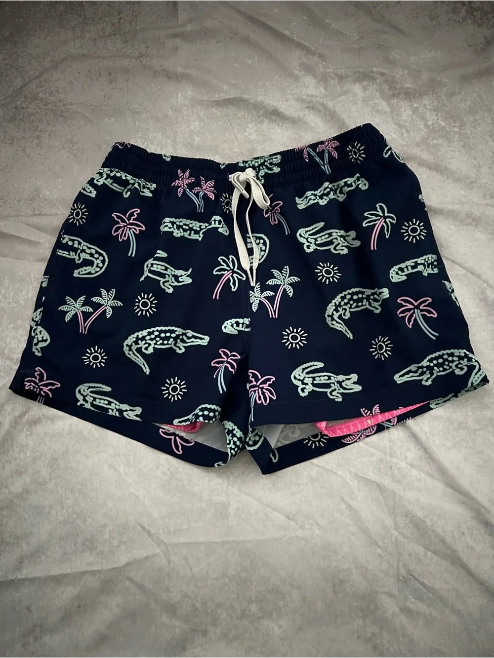 chubbies Navy Swim Trunks with Mint & Pink Alligator Print